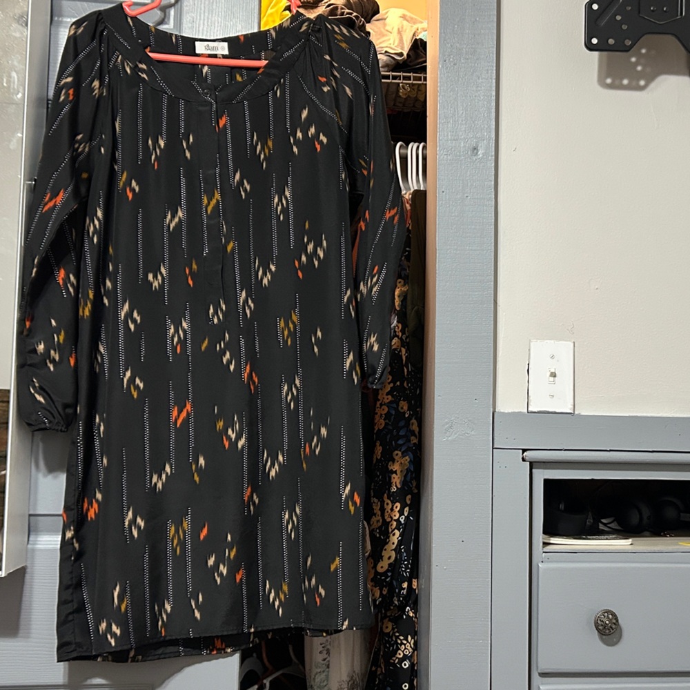 Glam Black Dress with Orange and White Pattern